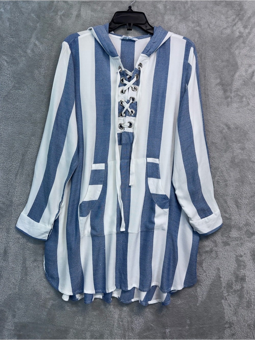 Blue Island Womenโs Long Sleeve White Navy Striped Cover Up Dress Hooded Size M